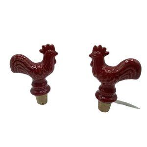 Rooster Wine Bottle Stopper Cork Lot Of 2 Red Ceramic Farmhouse Chicken India